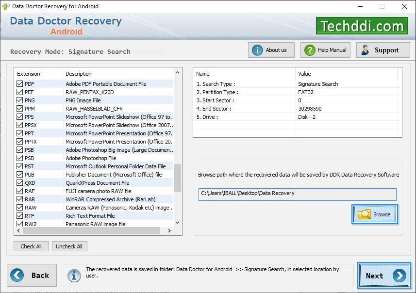 Browse path to save recovered data